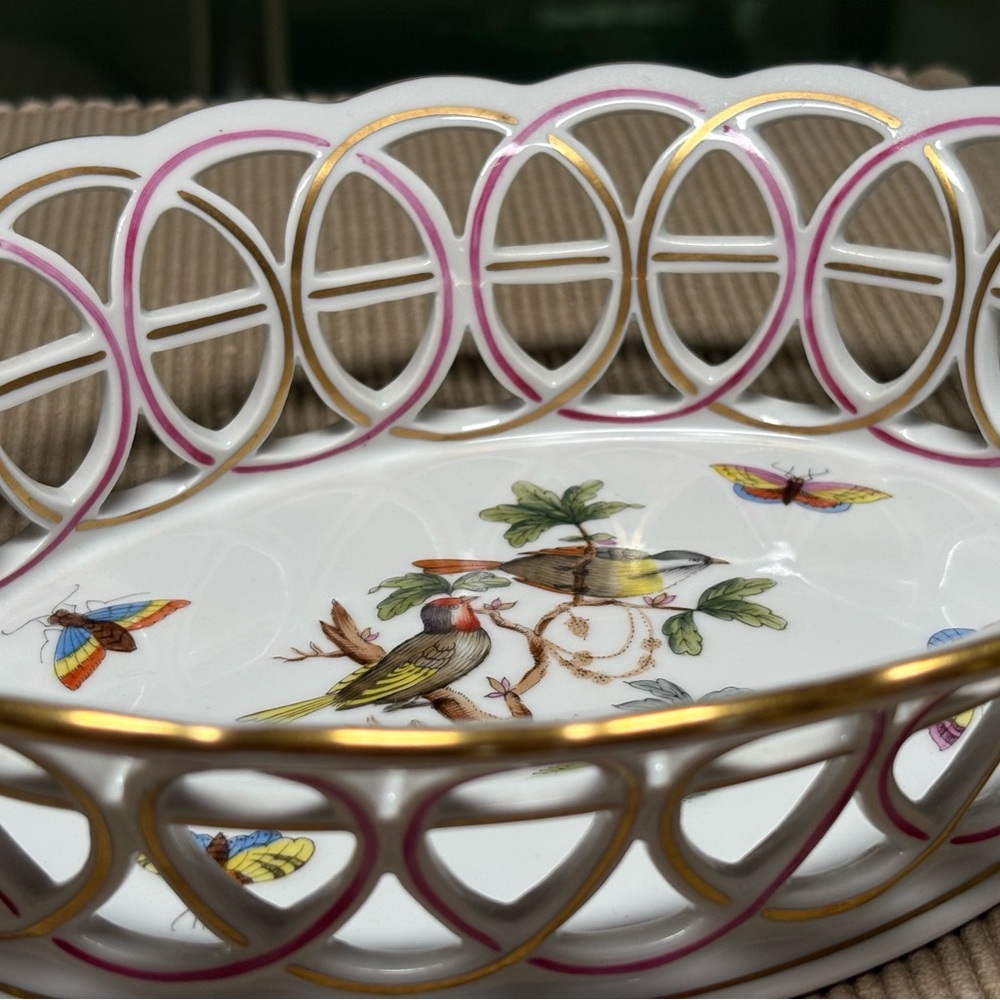 Herend’s Rothschild Bird Motif porcelain bread basket,
